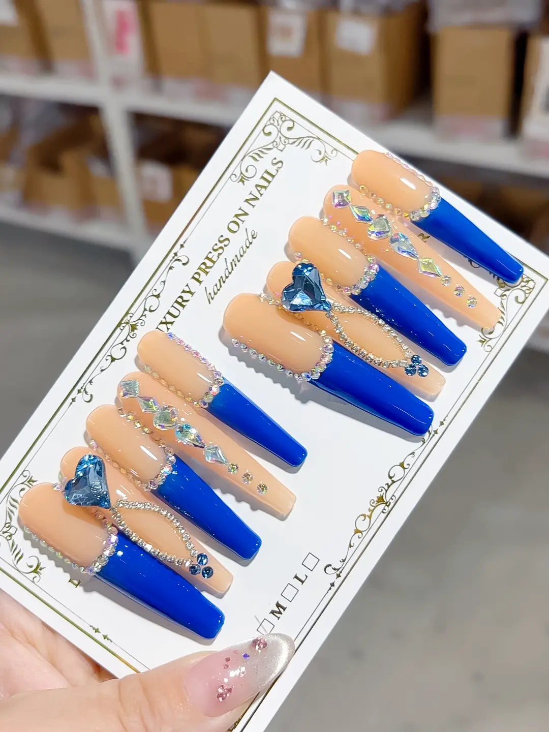 L099 - Long Blue Coffin French tip Rhinestone Heart