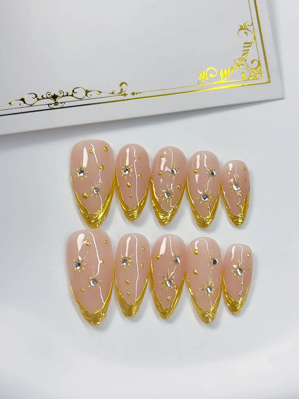 C378 - Medium Nude Gold Almond French tip Rhinestone