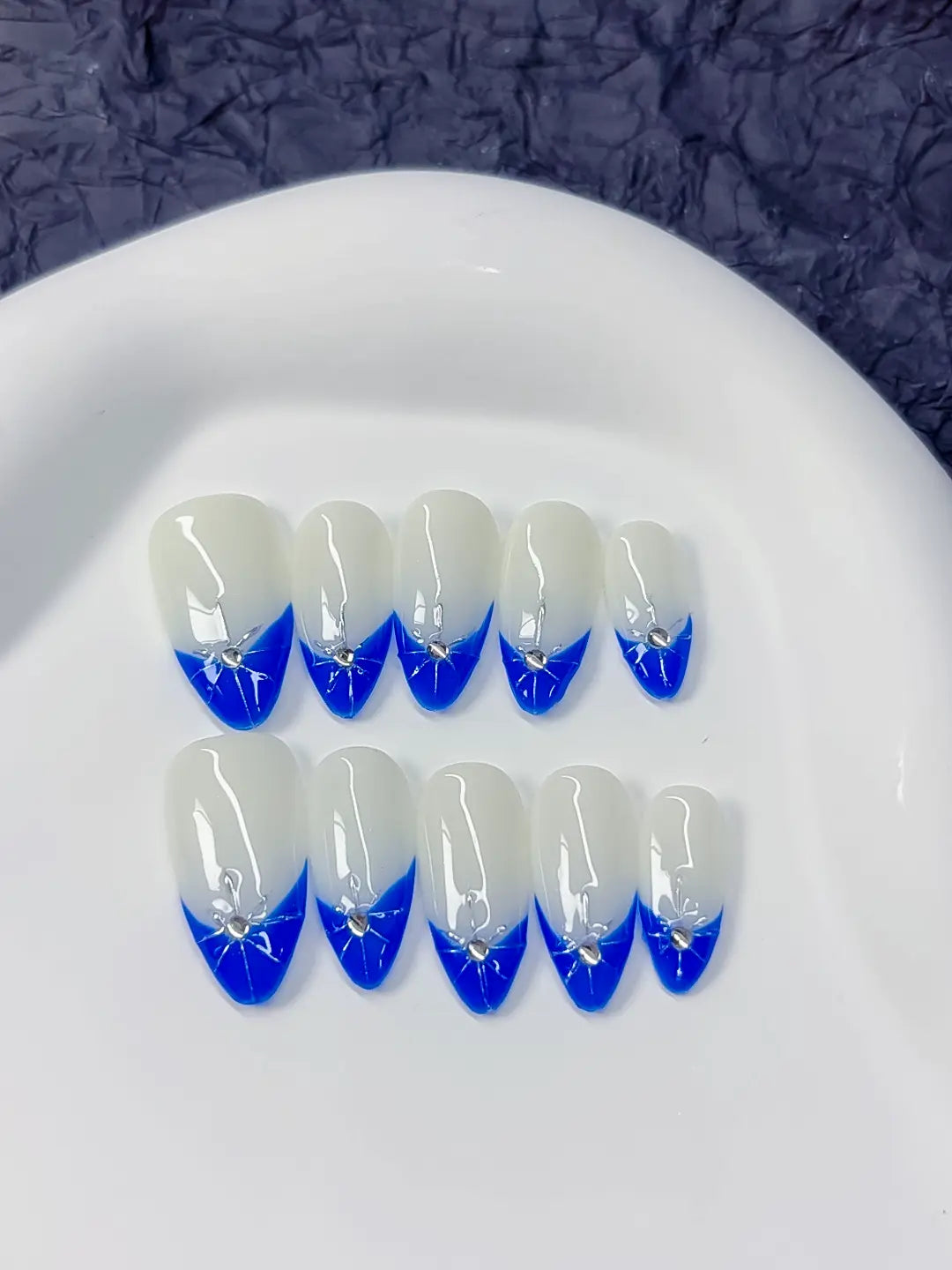 C368 - Medium Blue Almond French tip Rhinestone