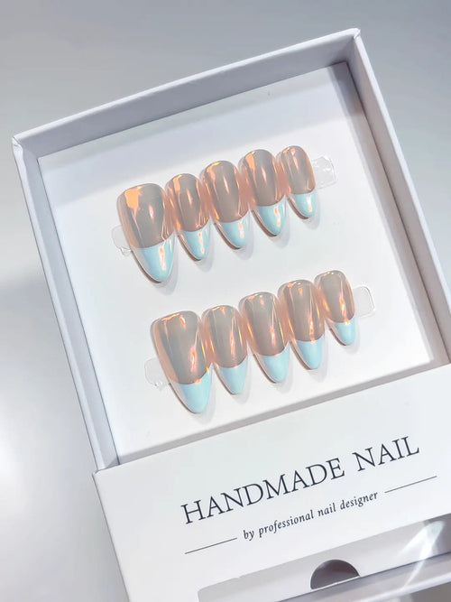 A042 - Medium Blue Multicolor Almond French tip VibeNailsLab