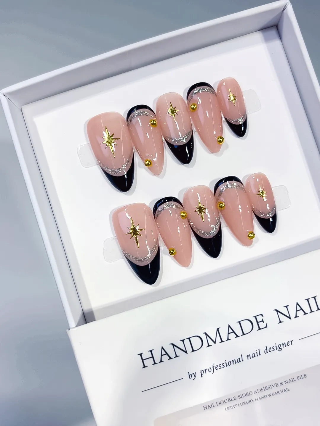 C450 - Medium Nude Black Almond French tip Star Gold Stud VibeNailsLab