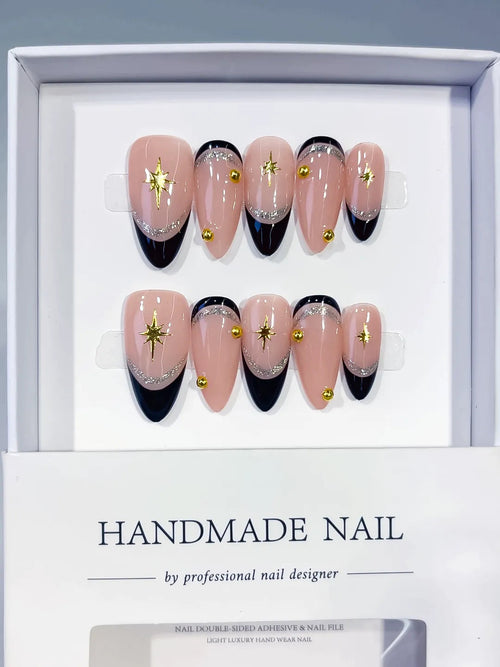 C450 - Medium Nude Black Almond French tip Star Gold Stud VibeNailsLab