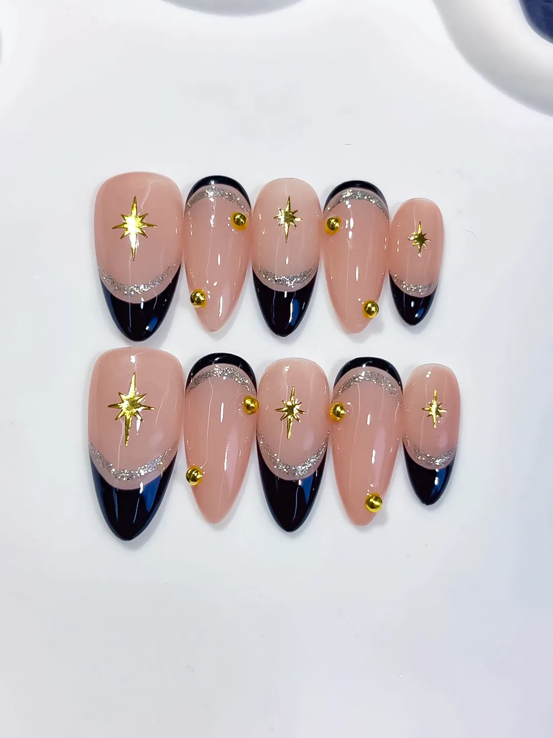 C450 - Medium Nude Black Almond French tip Star Gold Stud VibeNailsLab