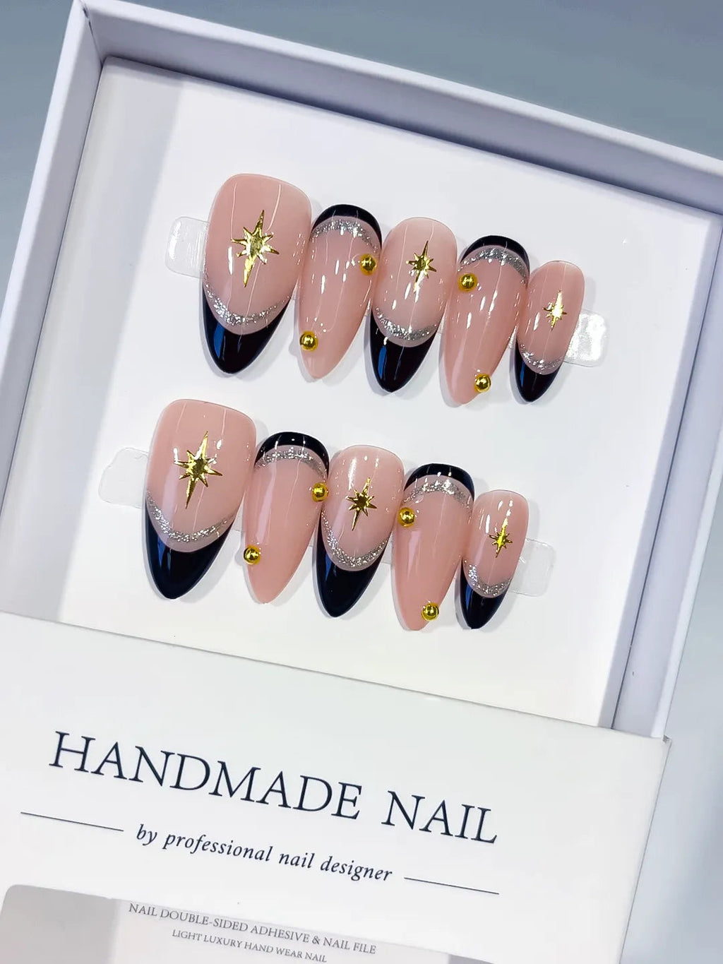 C450 - Medium Nude Black Almond French tip Star Gold Stud VibeNailsLab