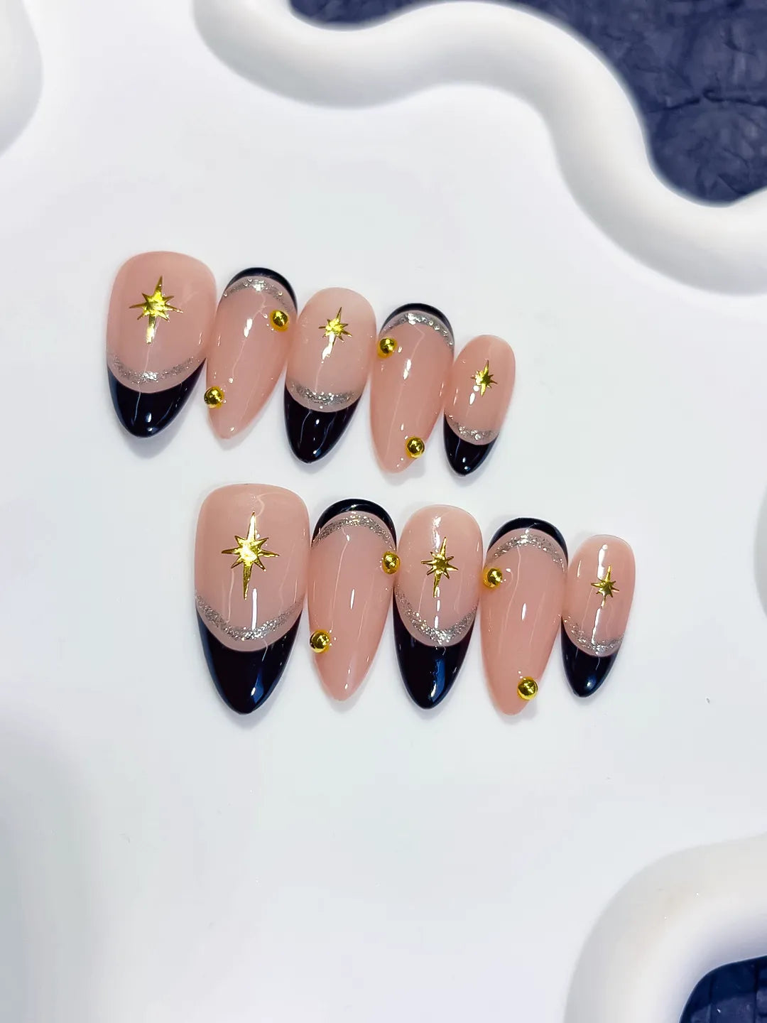 C450 - Medium Nude Black Almond French tip Star Gold Stud VibeNailsLab