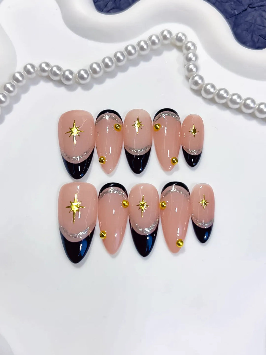 C450 - Medium Nude Black Almond French tip Star Gold Stud VibeNailsLab