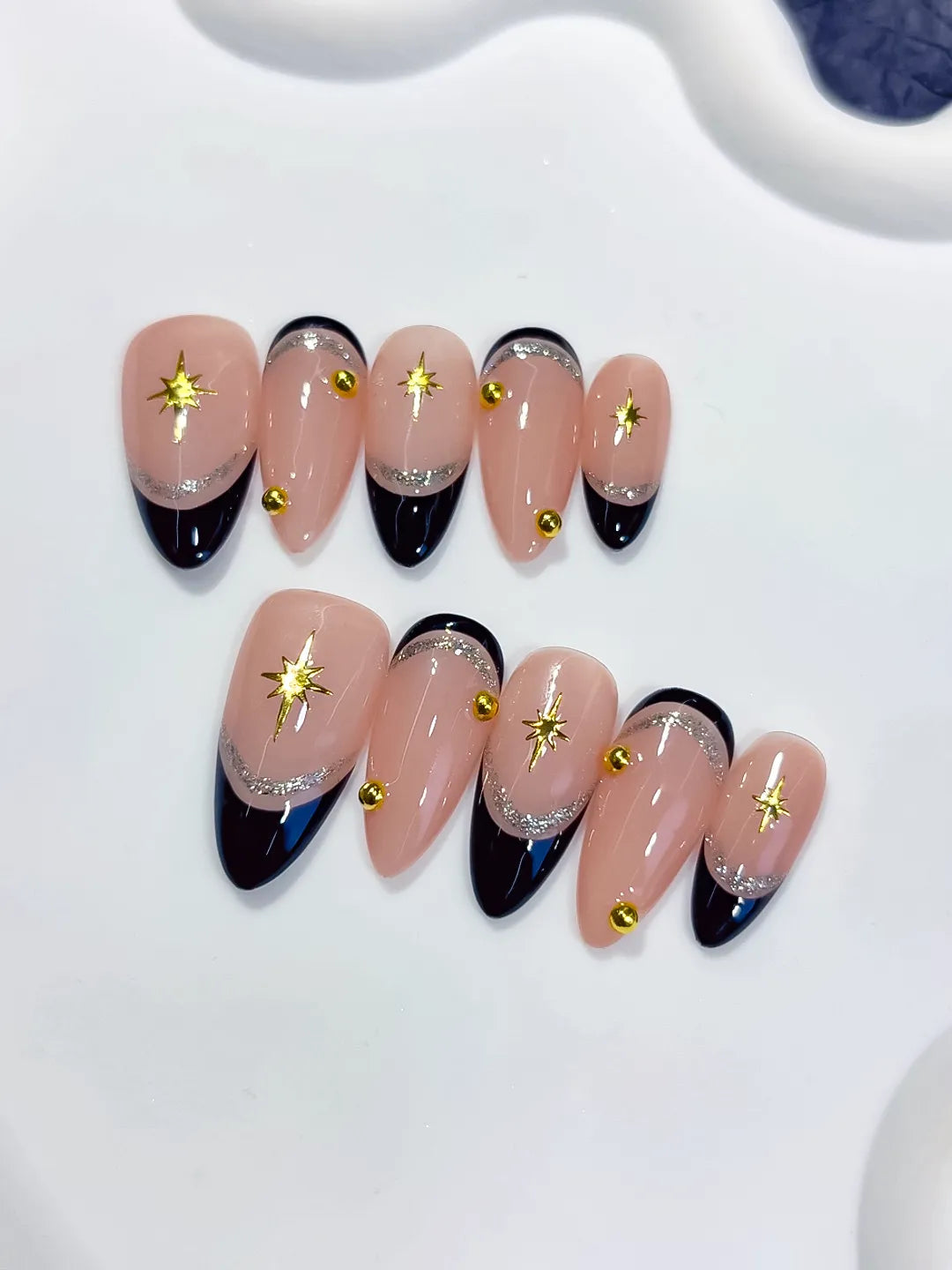 C450 - Medium Nude Black Almond French tip Star Gold Stud VibeNailsLab
