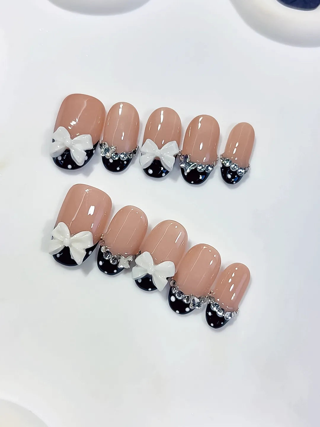 C452 - Medium Nude Black Oval French tip Bow Rhinestone VibeNailsLab