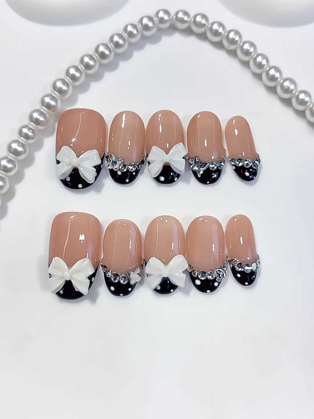 C452 - Medium Nude Black Oval French tip Bow Rhinestone VibeNailsLab