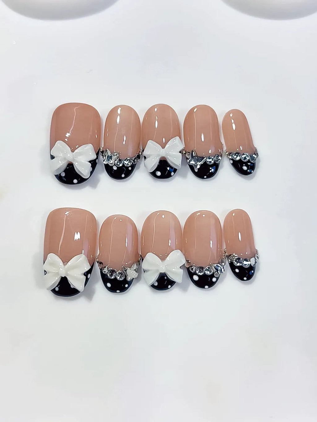 C452 - Medium Nude Black Oval French tip Bow Rhinestone VibeNailsLab