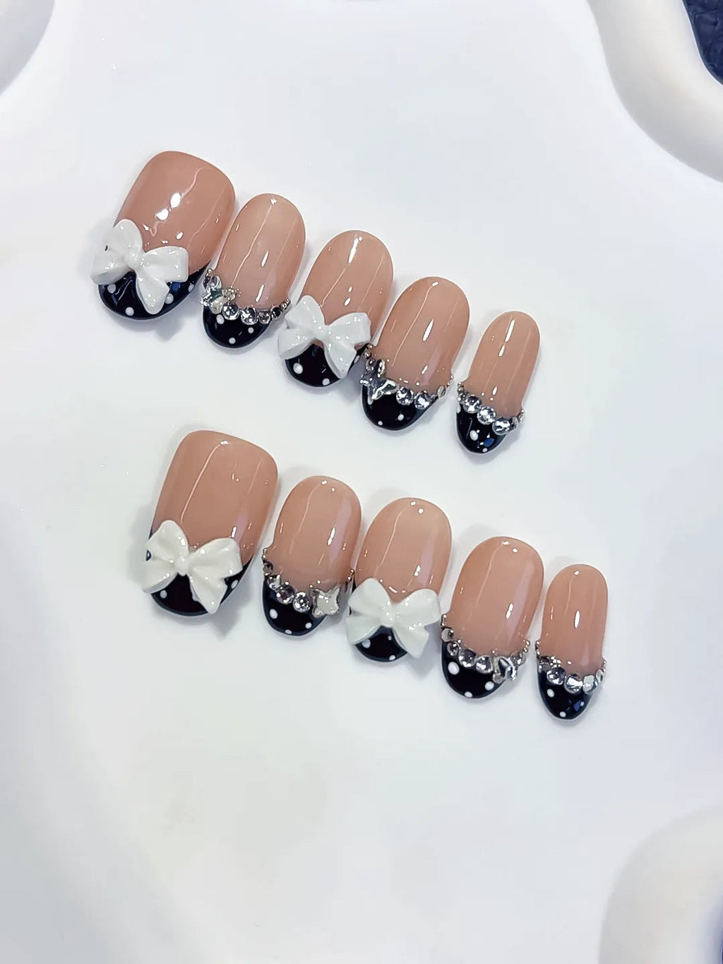 C452 - Medium Nude Black Oval French tip Bow Rhinestone VibeNailsLab