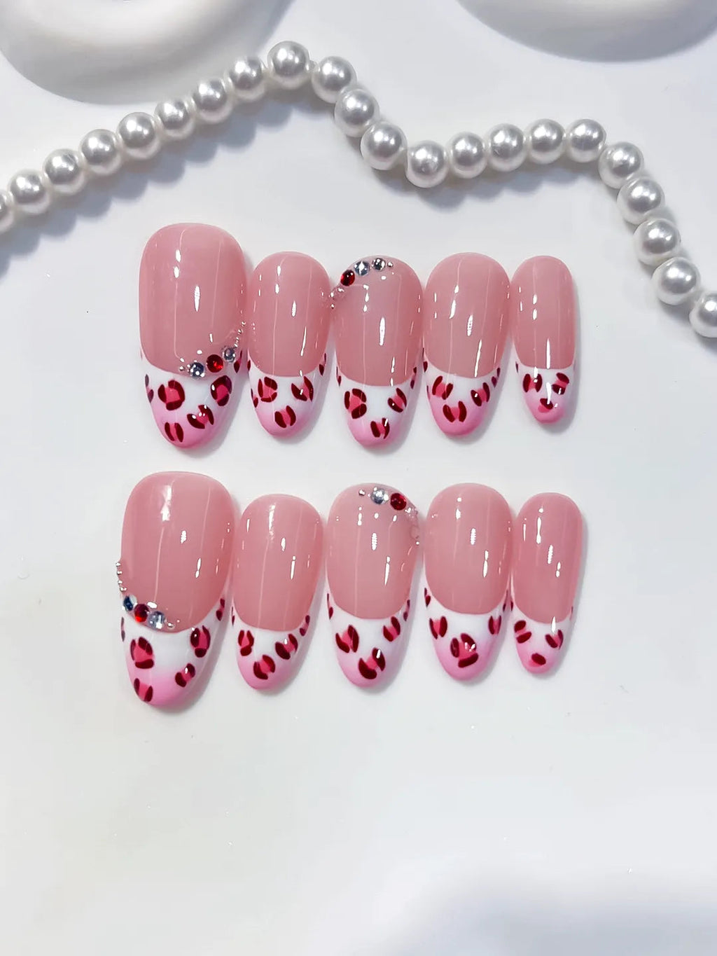 C454 - Medium Pink White Oval French tip Animal Print Rhinestone VibeNailsLab