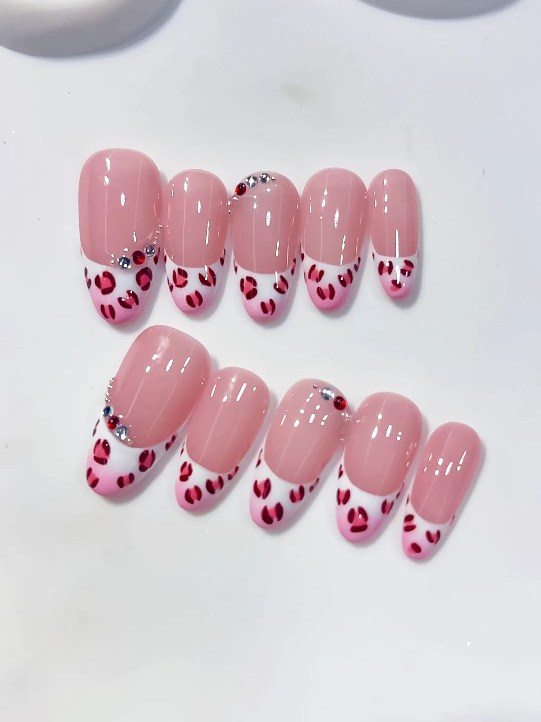 C454 - Medium Pink White Oval French tip Animal Print Rhinestone VibeNailsLab