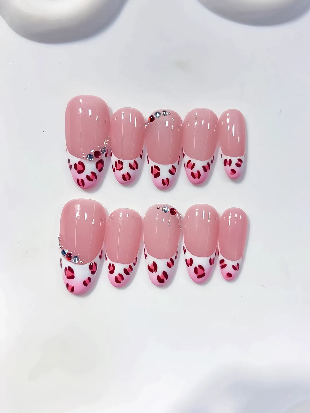 C454 - Medium Pink White Oval French tip Animal Print Rhinestone VibeNailsLab
