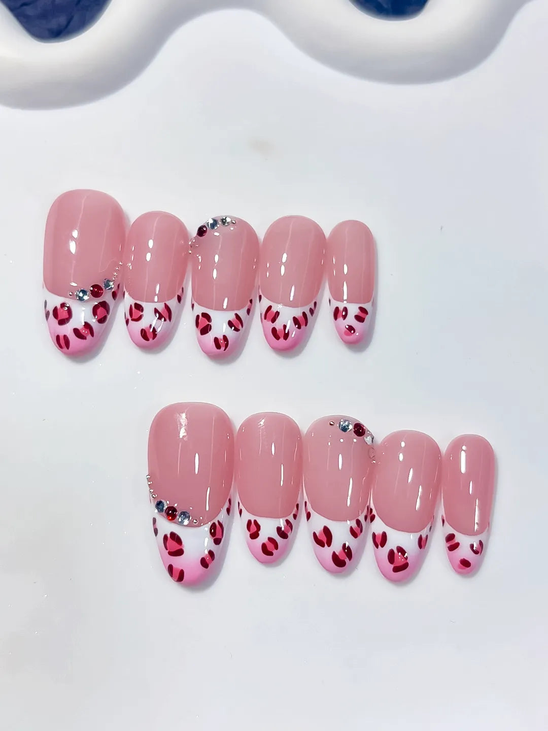 C454 - Medium Pink White Oval French tip Animal Print Rhinestone VibeNailsLab