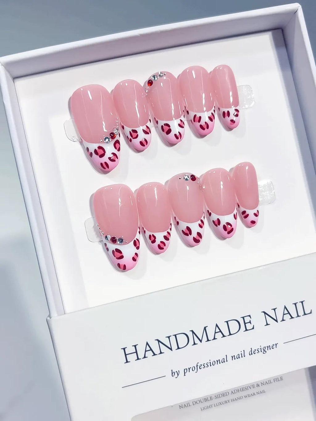 C454 - Medium Pink White Oval French tip Animal Print Rhinestone VibeNailsLab