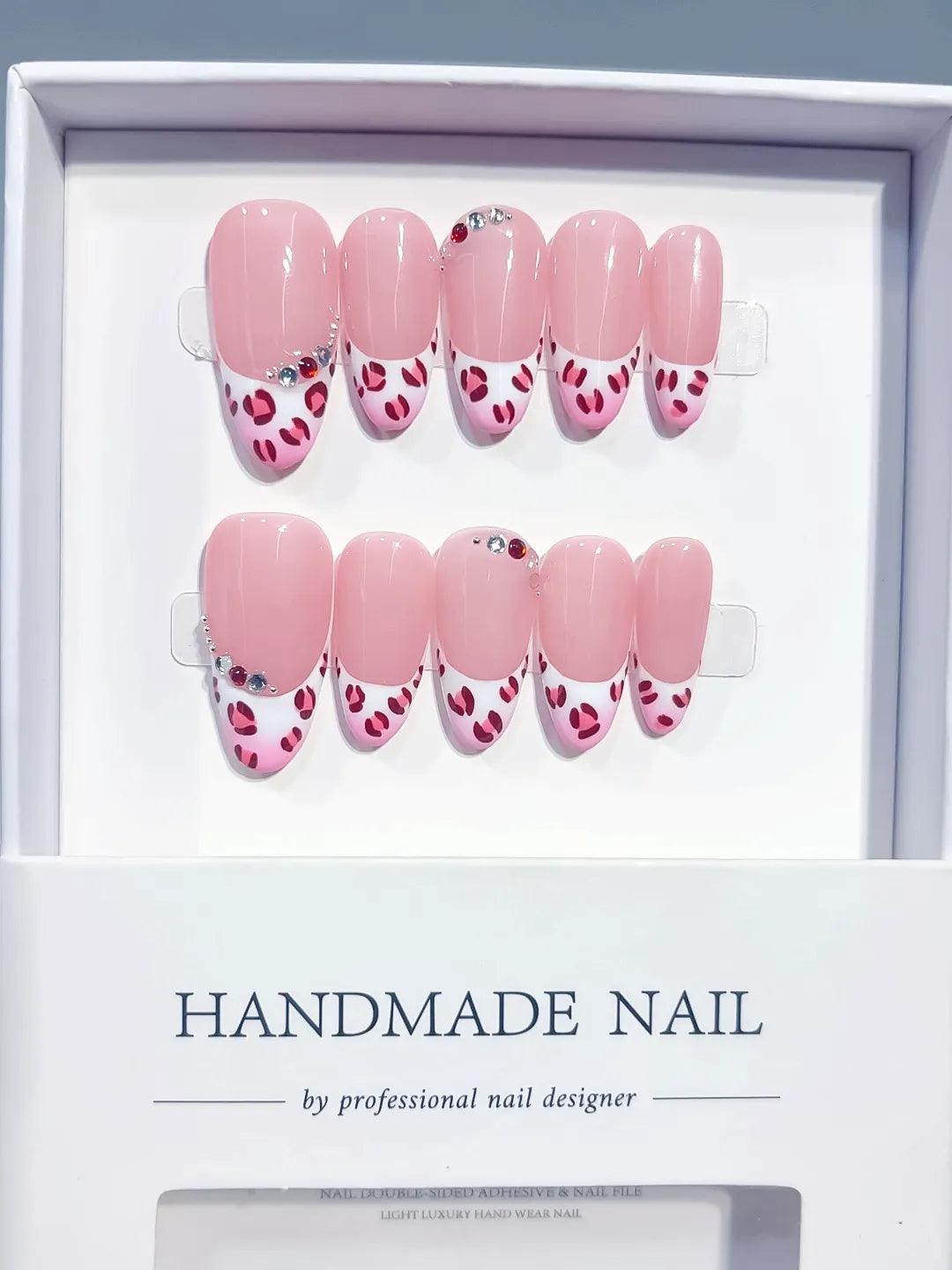 C454 - Medium Pink White Oval French tip Animal Print Rhinestone VibeNailsLab