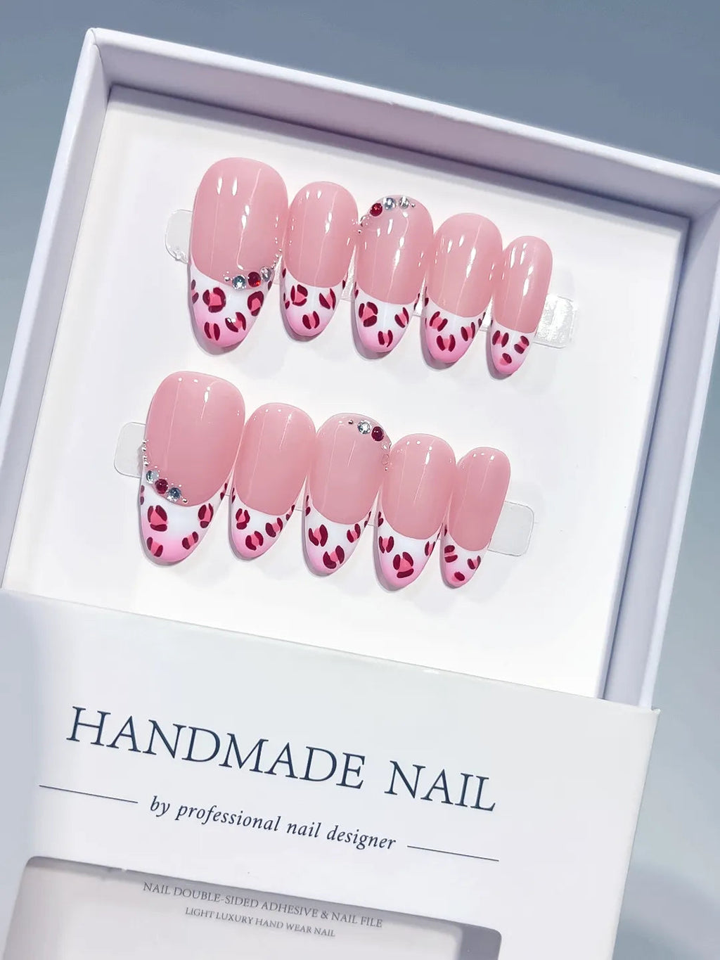 C454 - Medium Pink White Oval French tip Animal Print Rhinestone VibeNailsLab