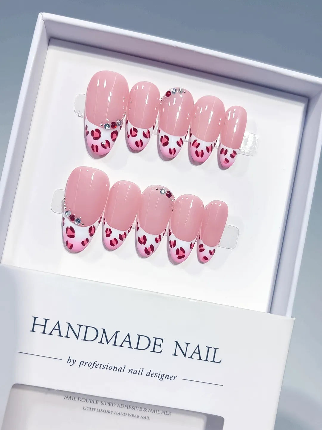 C454 - Medium Pink White Oval French tip Animal Print Rhinestone VibeNailsLab