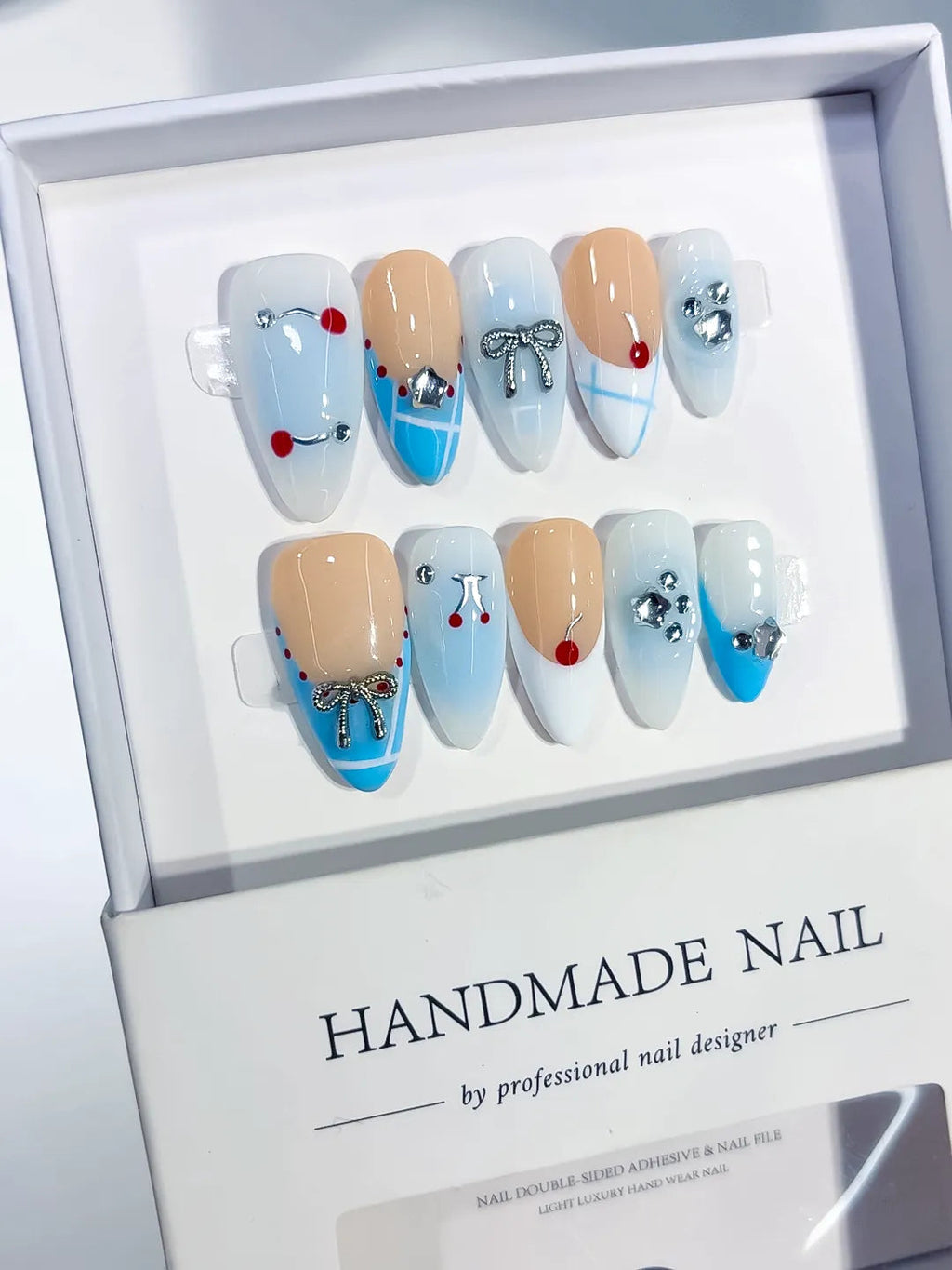 C455 - Medium Nude Blue Almond French tip Bow Heart VibeNailsLab