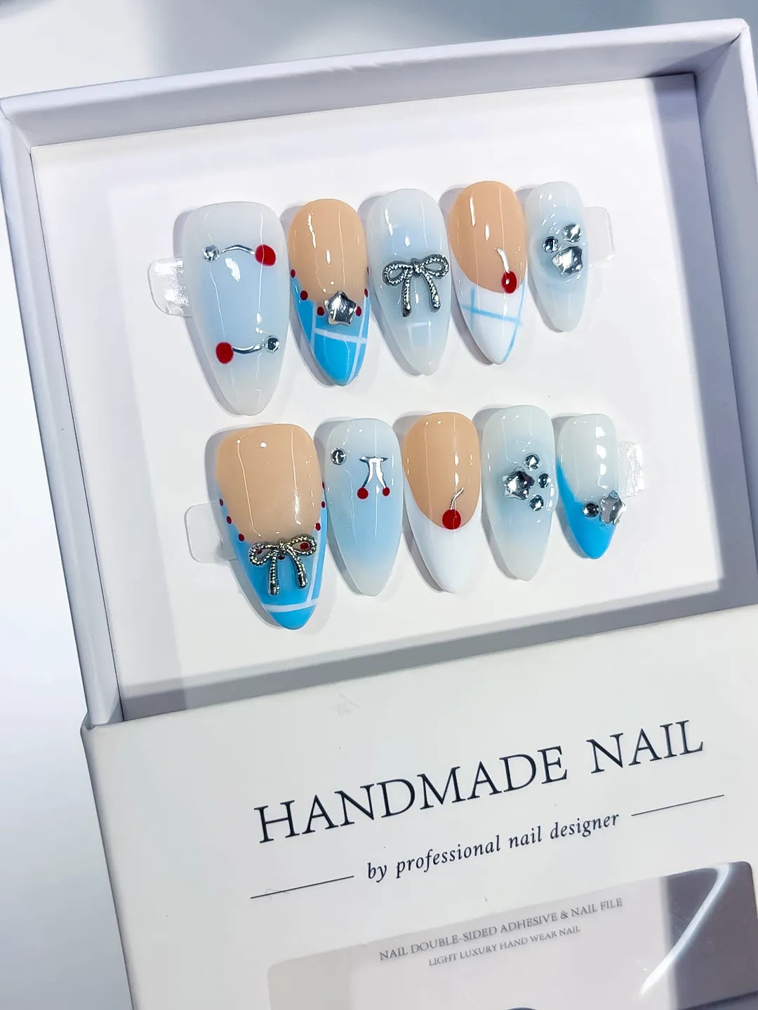 C455 - Medium Nude Blue Almond French tip Bow Heart VibeNailsLab