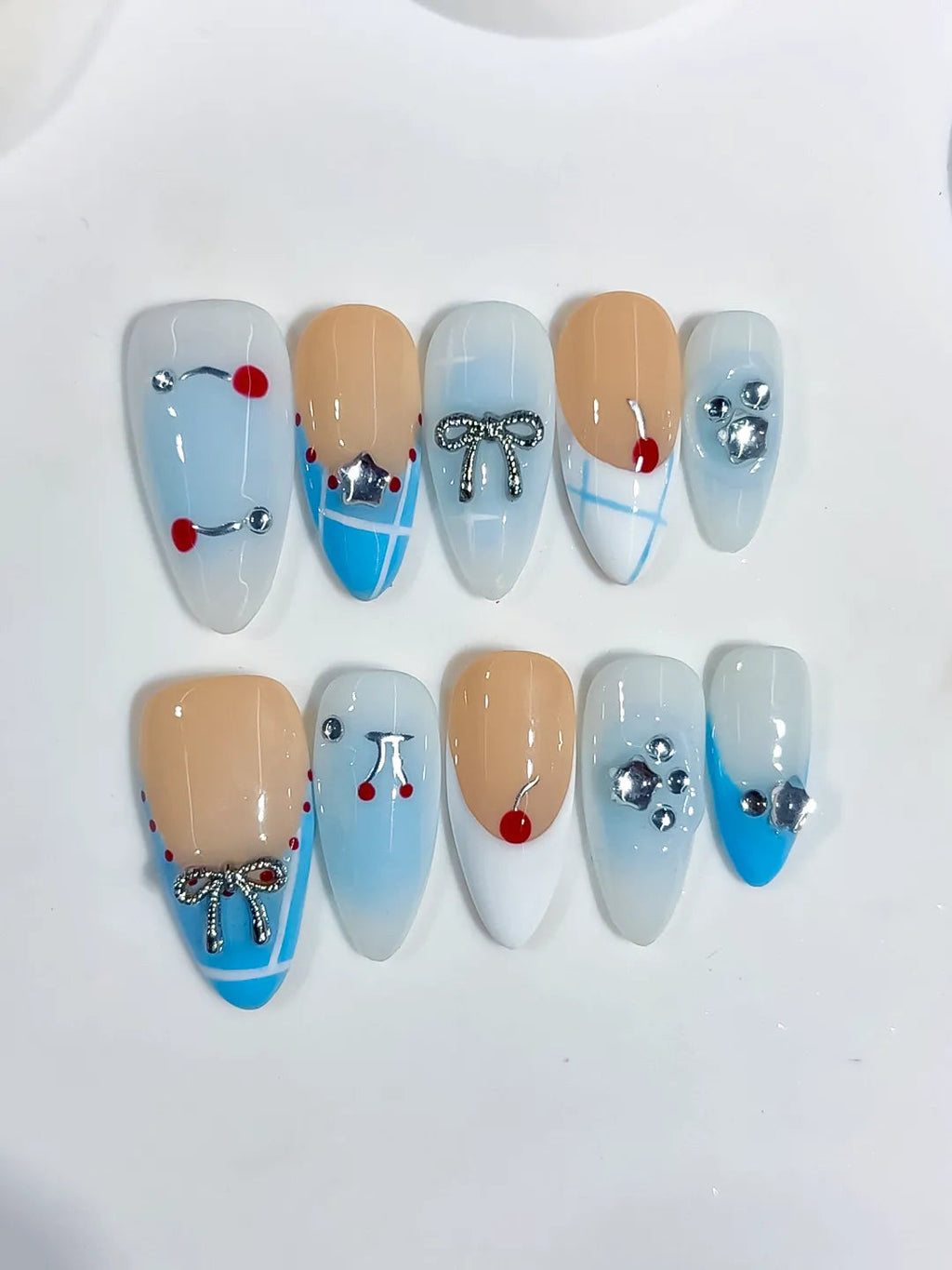 C455 - Medium Nude Blue Almond French tip Bow Heart VibeNailsLab