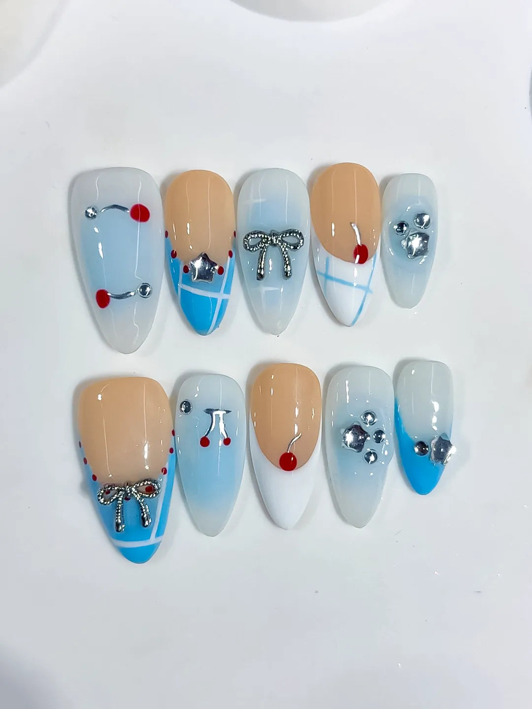 C455 - Medium Nude Blue Almond French tip Bow Heart VibeNailsLab