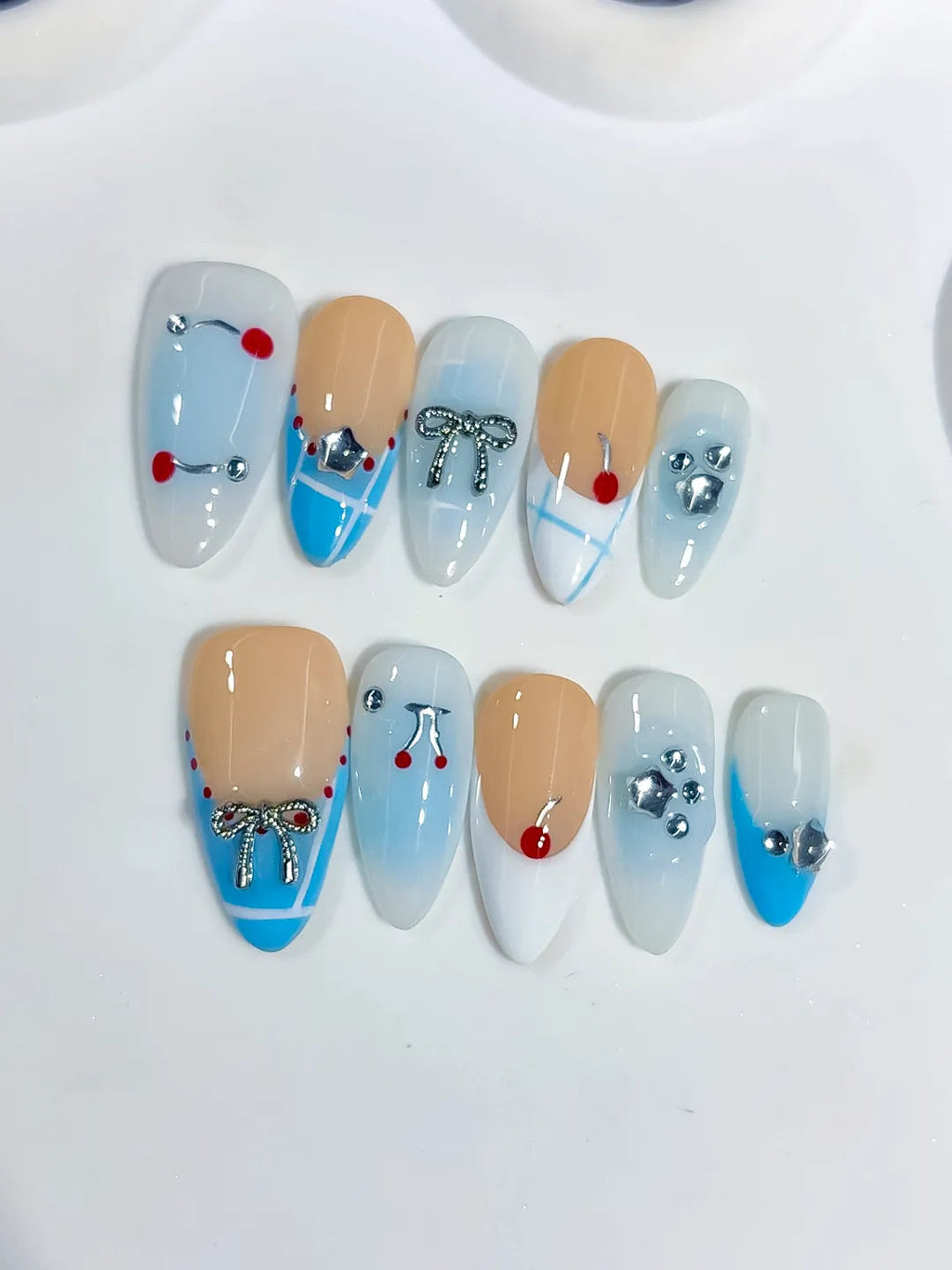 C455 - Medium Nude Blue Almond French tip Bow Heart VibeNailsLab