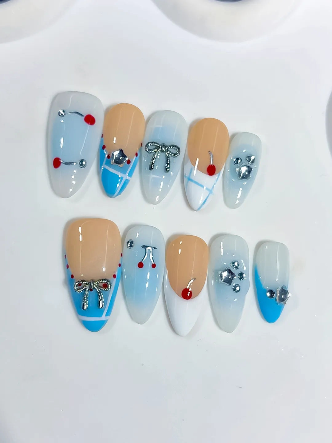 C455 - Medium Nude Blue Almond French tip Bow Heart VibeNailsLab