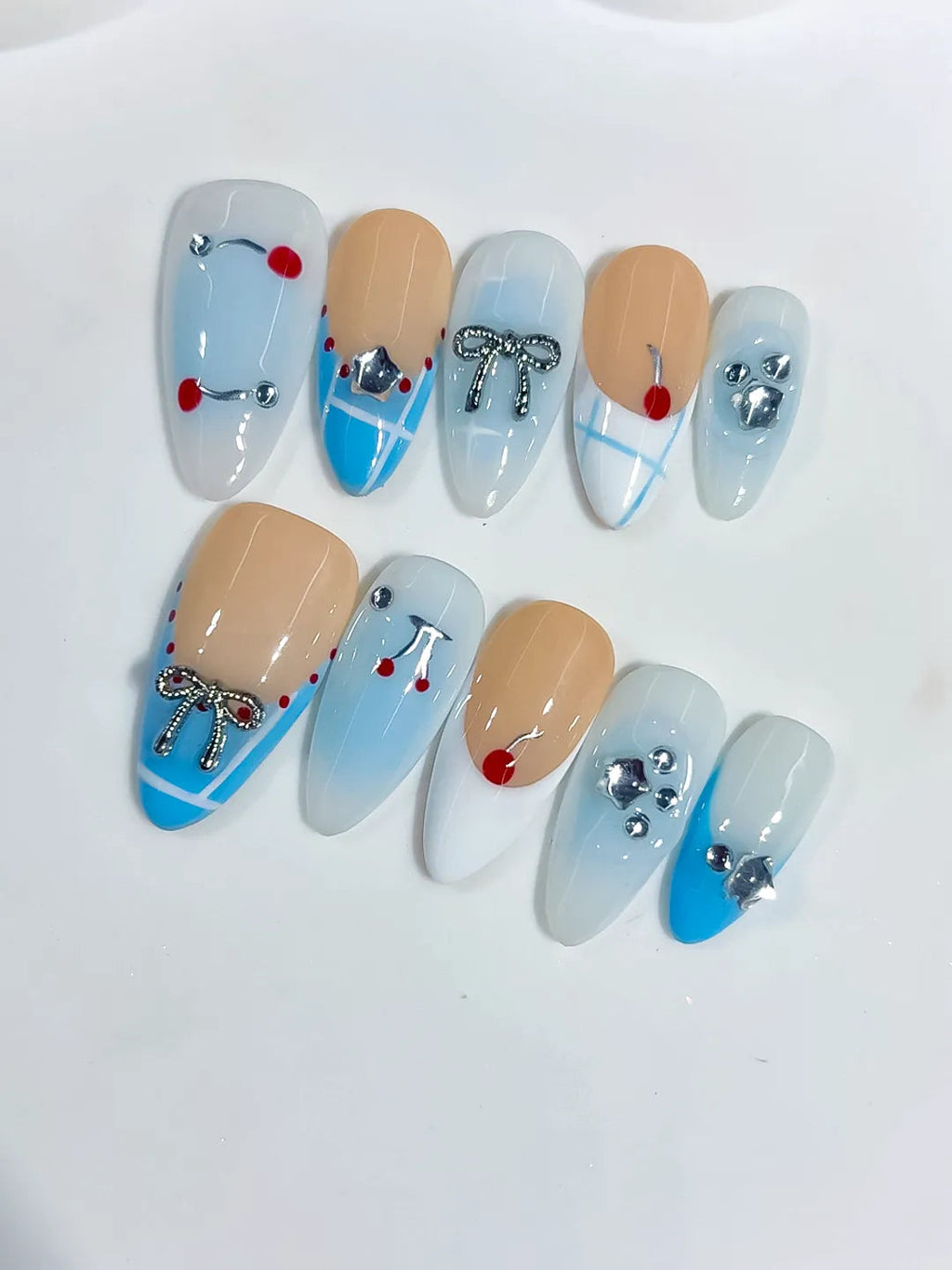 C455 - Medium Nude Blue Almond French tip Bow Heart VibeNailsLab