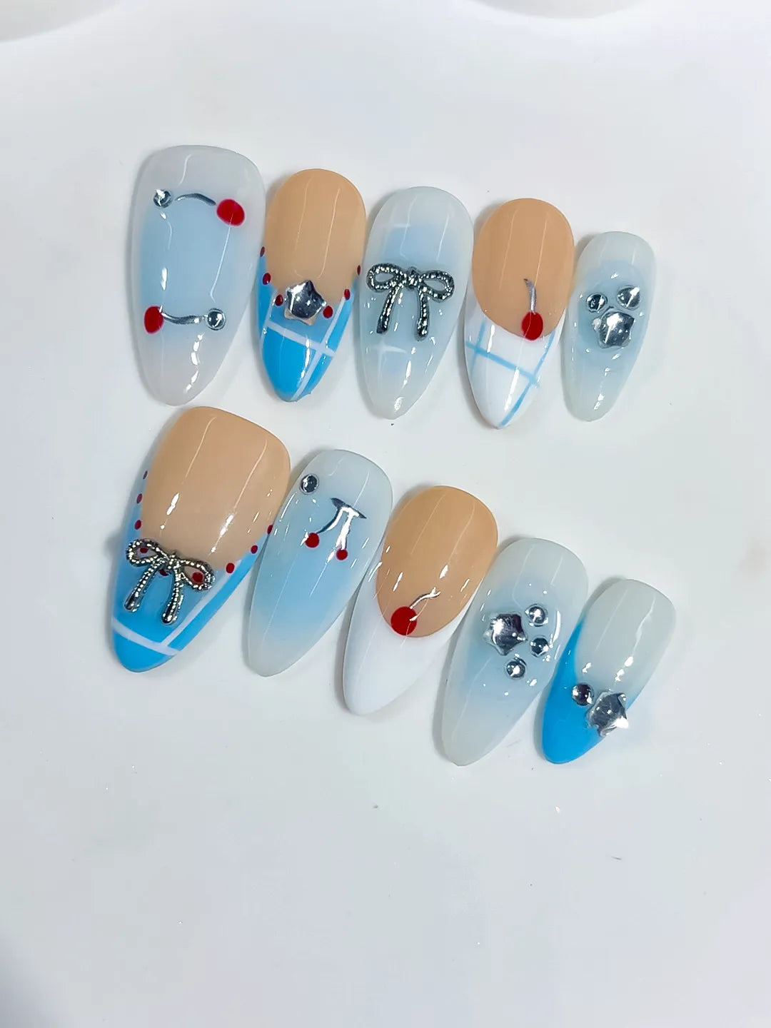 C455 - Medium Nude Blue Almond French tip Bow Heart VibeNailsLab