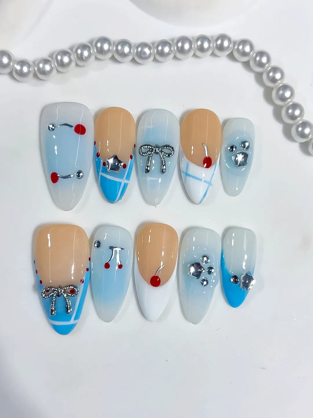 C455 - Medium Nude Blue Almond French tip Bow Heart VibeNailsLab
