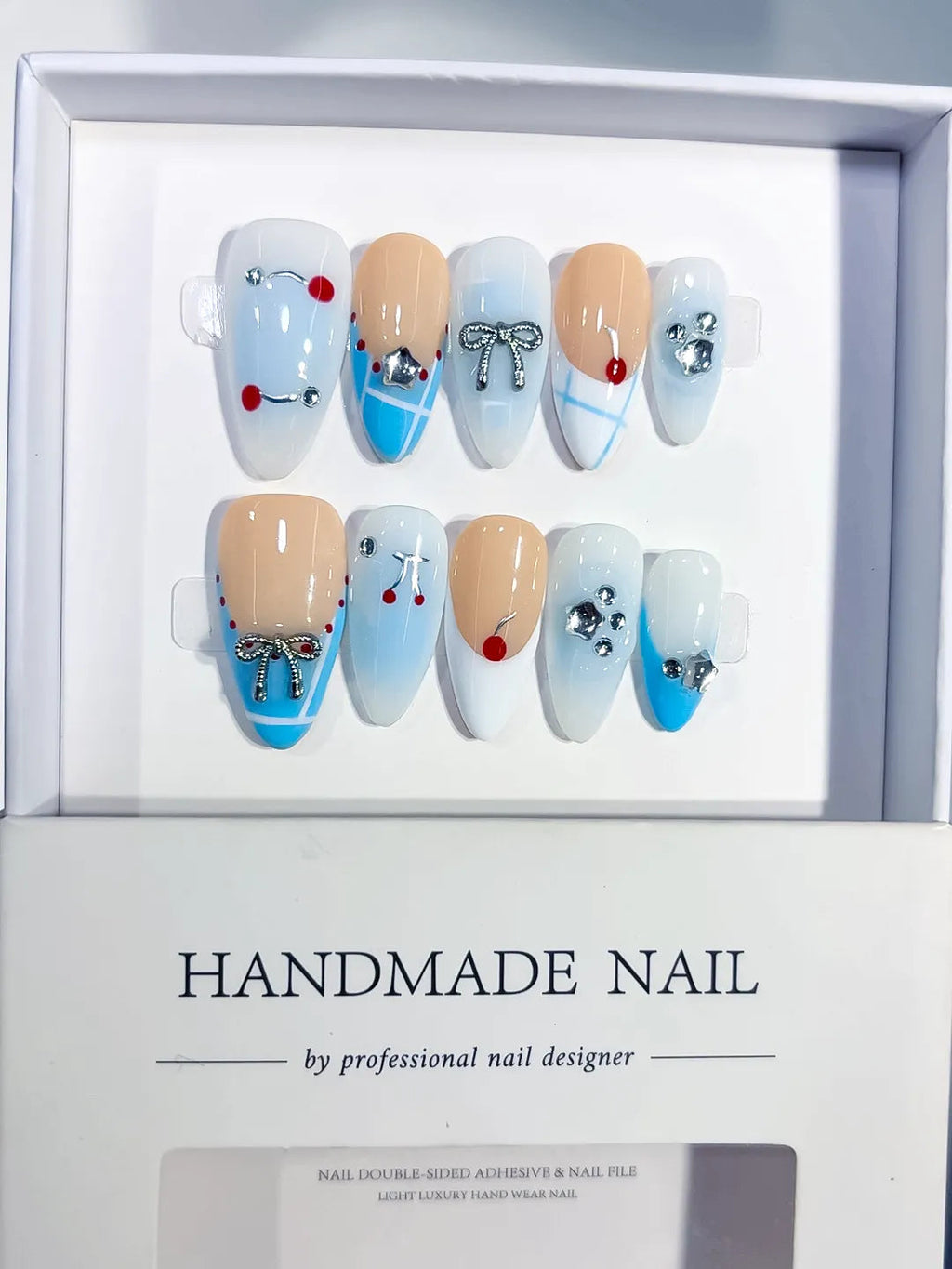 C455 - Medium Nude Blue Almond French tip Bow Heart VibeNailsLab