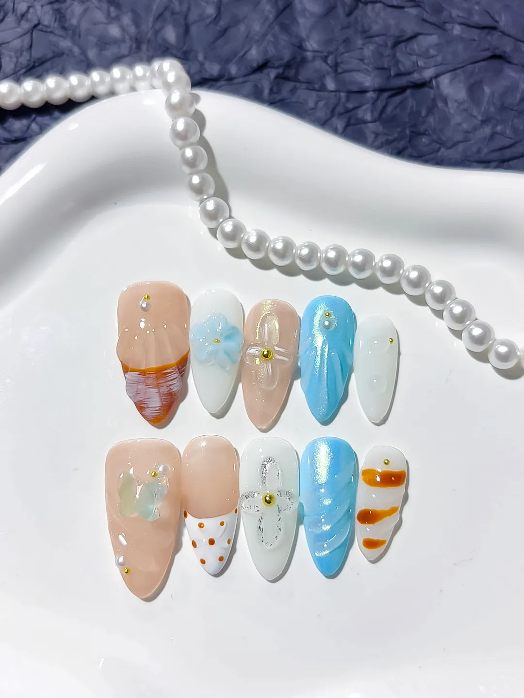 D288 - Medium Nude Blue Almond Abstract Bow Dot Pattern VibeNailsLab