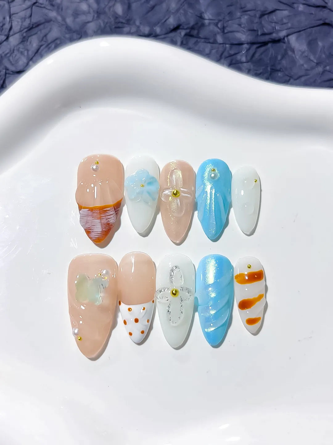 D288 - Medium Nude Blue Almond Abstract Bow Dot Pattern VibeNailsLab
