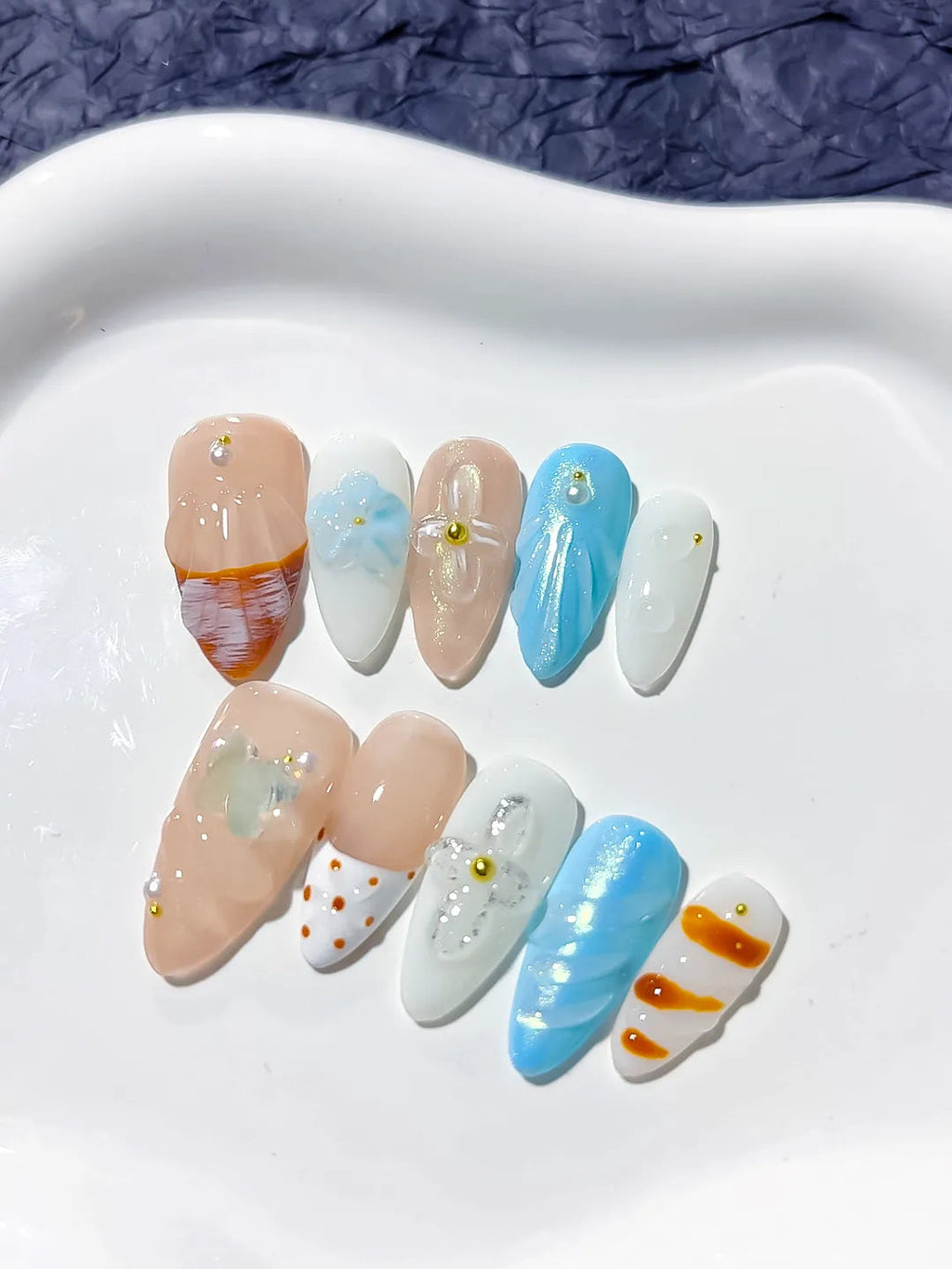 D288 - Medium Nude Blue Almond Abstract Bow Dot Pattern VibeNailsLab