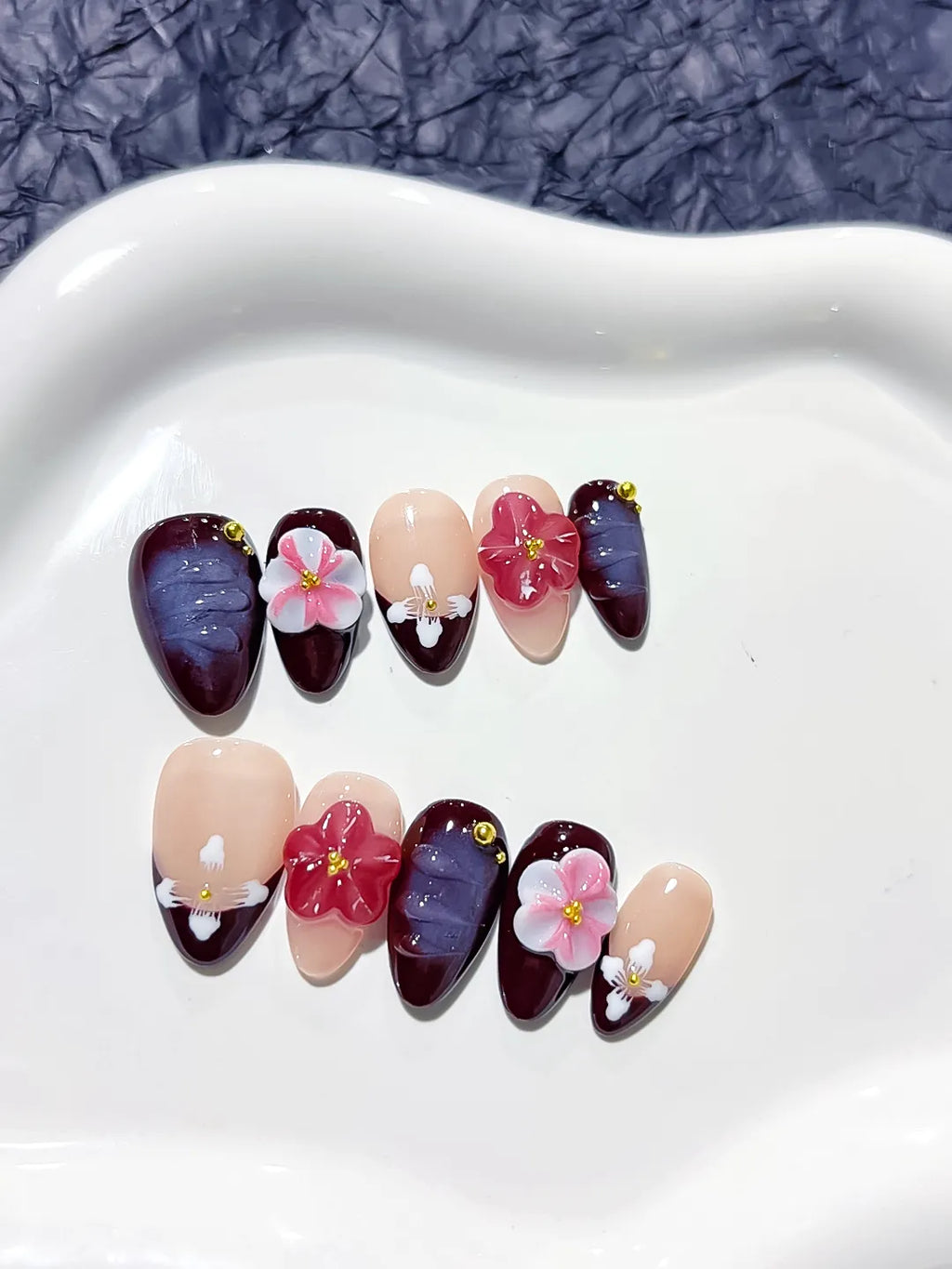 D302 - Short Nude Red Almond Floral Flower Gold Stud