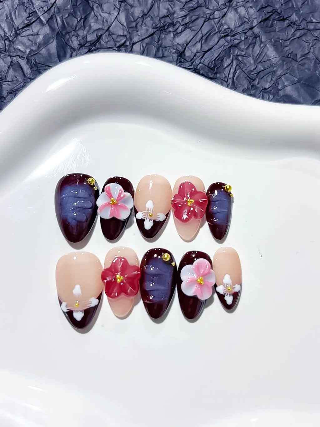 D302 - Short Nude Red Almond Floral Flower Gold Stud