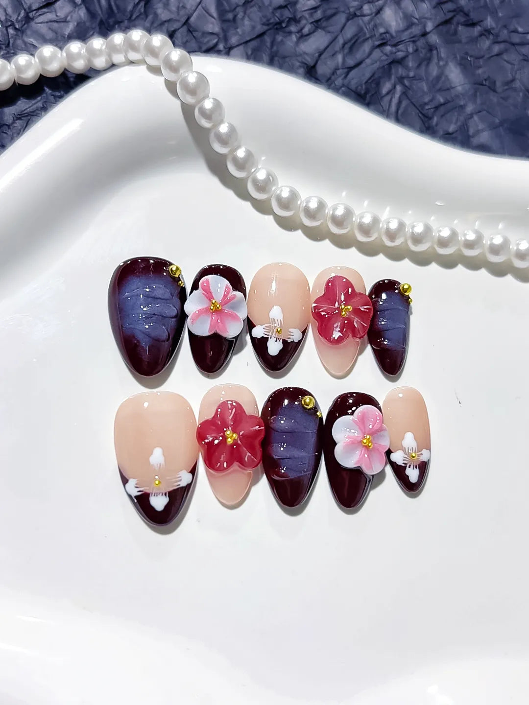 D302 - Short Nude Red Almond Floral Flower Gold Stud
