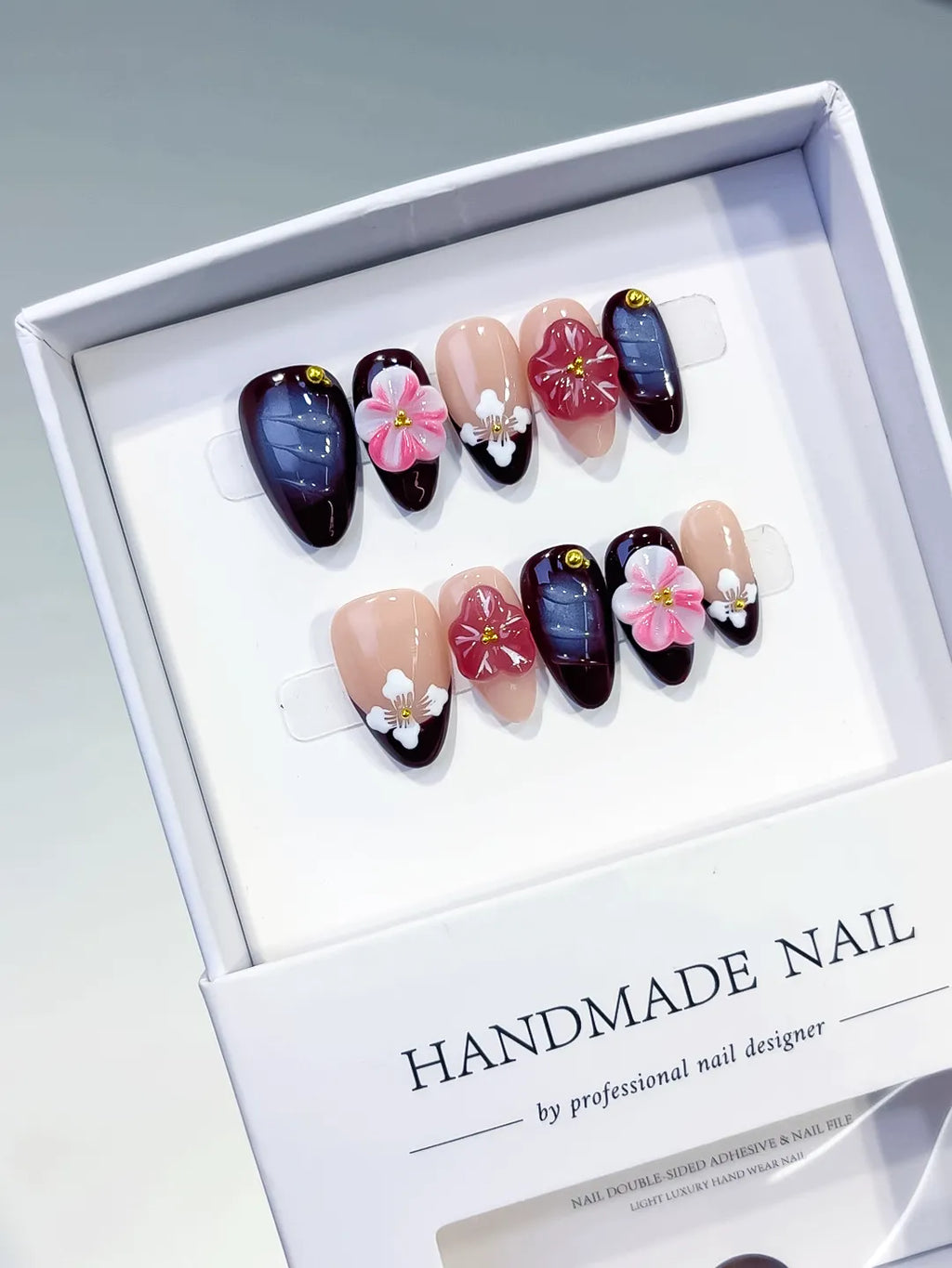 D302 - Short Nude Red Almond Floral Flower Gold Stud