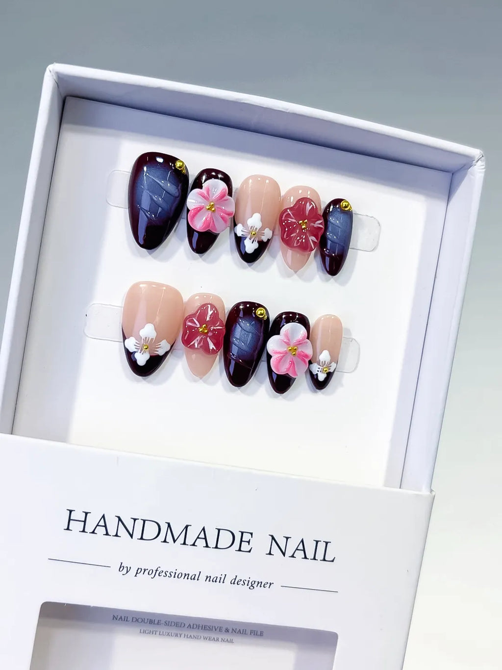 D302 - Short Nude Red Almond Floral Flower Gold Stud