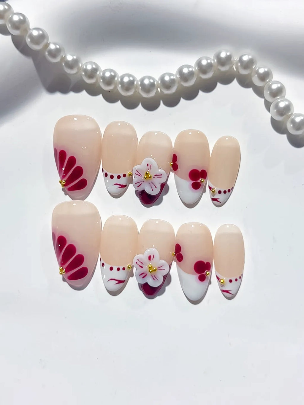 D379 - Short Nude White Almond French tip Flower Cherry
