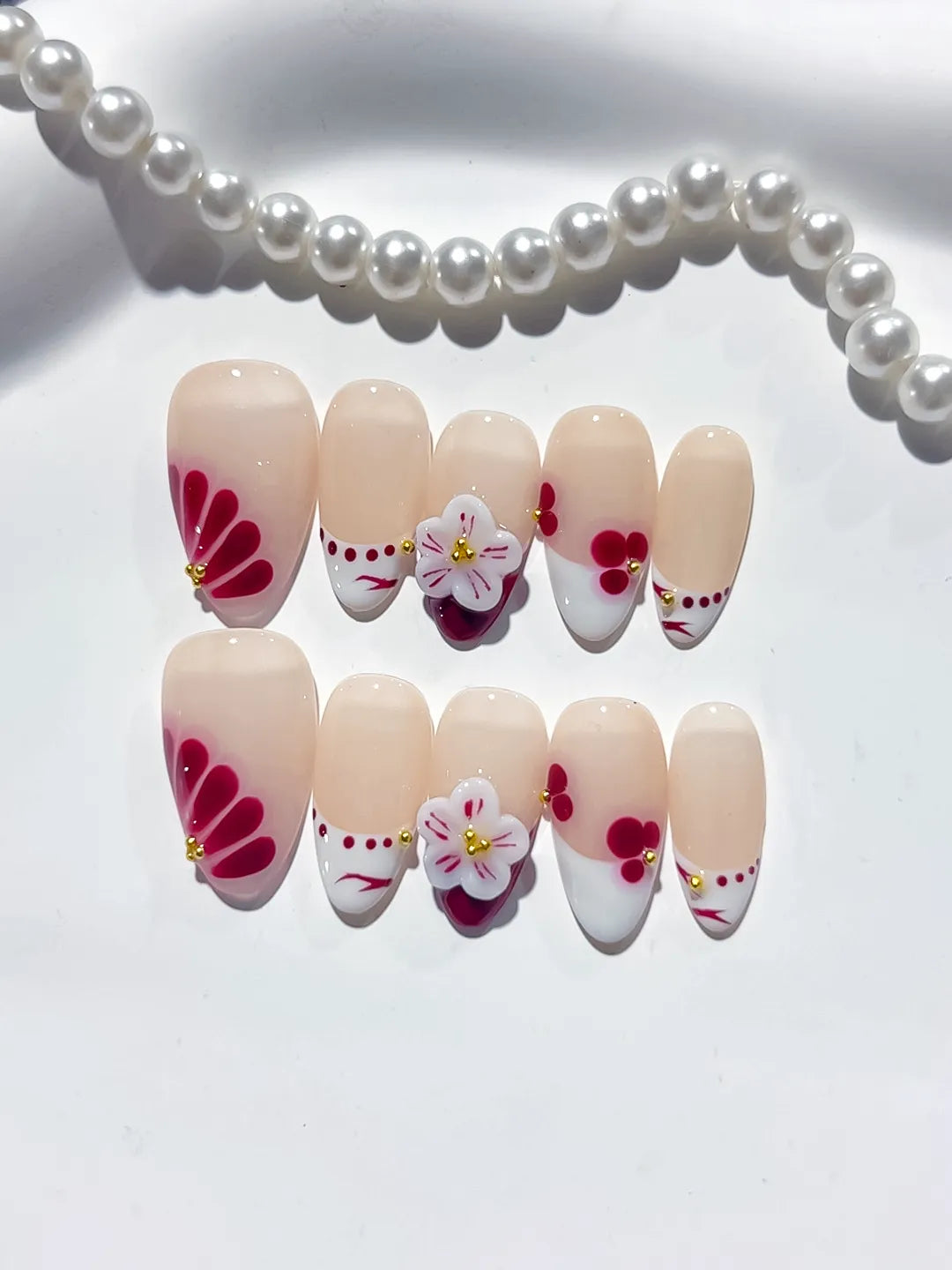 D379 - Short Nude White Almond French tip Flower Cherry