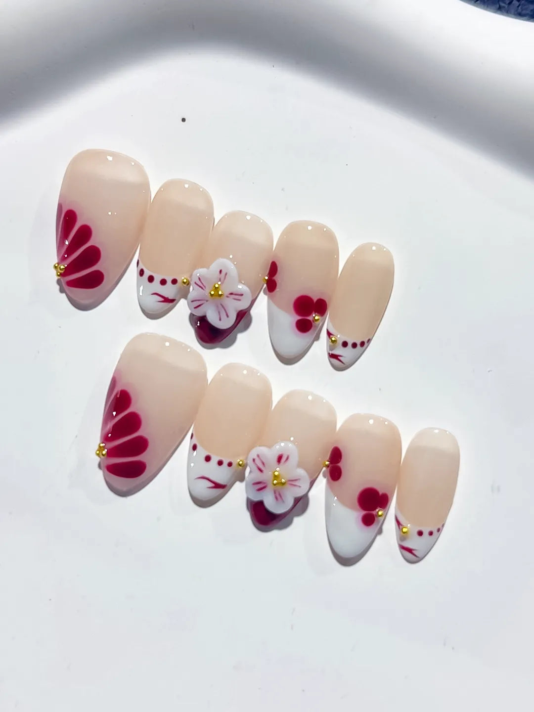 D379 - Short Nude White Almond French tip Flower Cherry