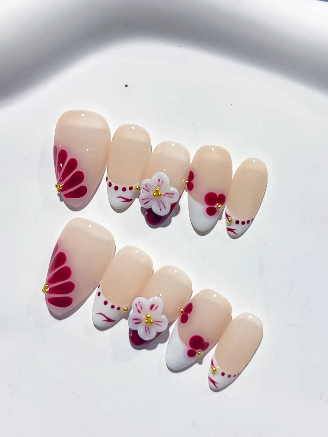 D379 - Short Nude White Almond French tip Flower Cherry VibeNailsLab