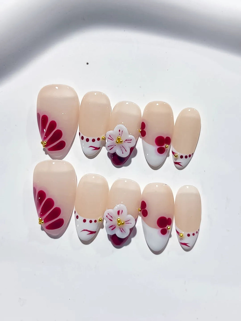 D379 - Short Nude White Almond French tip Flower Cherry