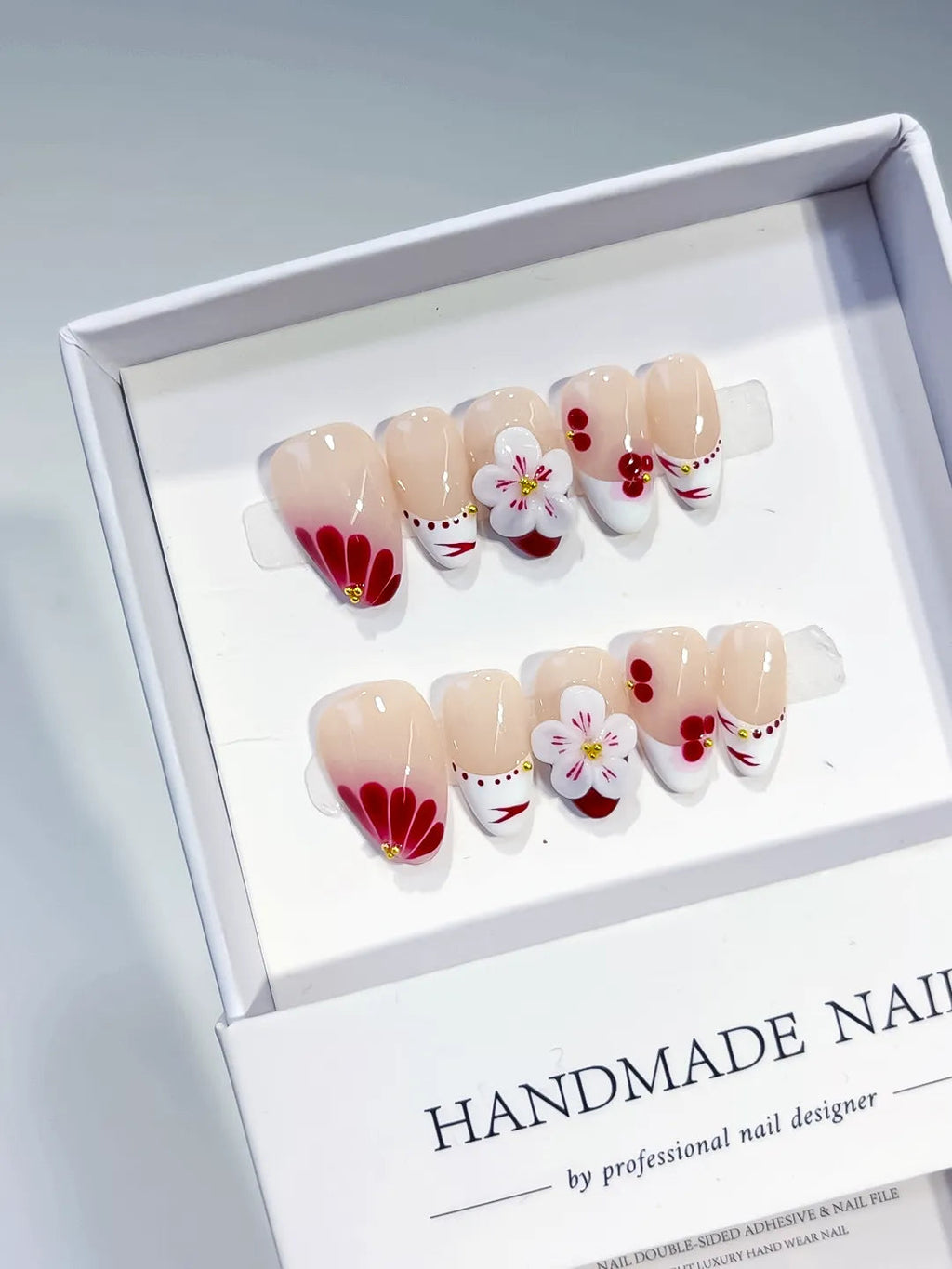 D379 - Short Nude White Almond French tip Flower Cherry VibeNailsLab
