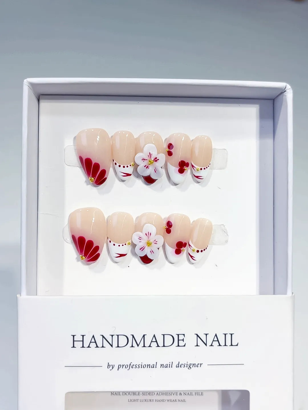 D379 - Short Nude White Almond French tip Flower Cherry VibeNailsLab