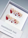 D379 - Short Nude White Almond French tip Flower Cherry VibeNailsLab