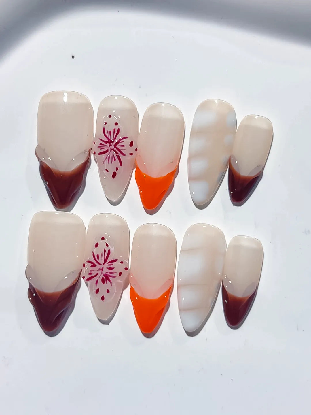 D380 - Medium Nude Brown Almond French tip Flower 3D